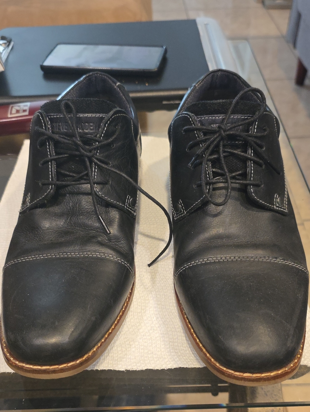 Steve Madden Black Leather Derby Shoes with Brown Welt